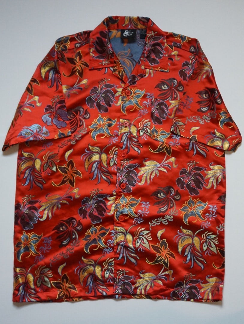 JACQUARD SATIN FLORAL SHORT SLEEVE BLOUSE