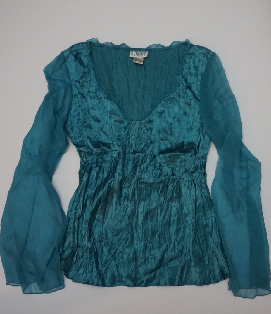 SILK TEAL BLOUSE WITH MESH SLEEVES