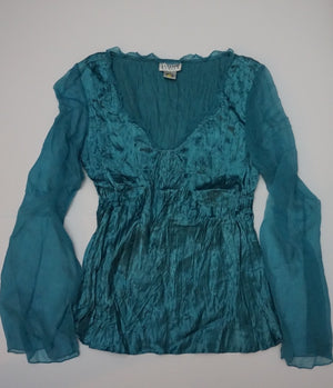 SILK TEAL BLOUSE WITH MESH SLEEVES