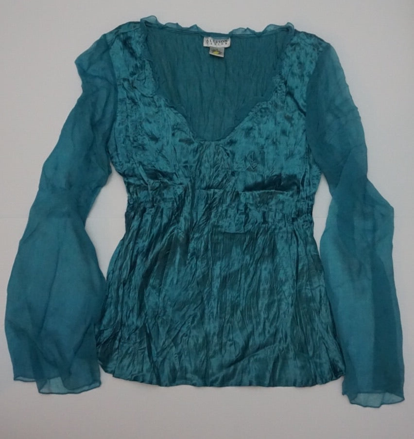 SILK TEAL BLOUSE WITH MESH SLEEVES