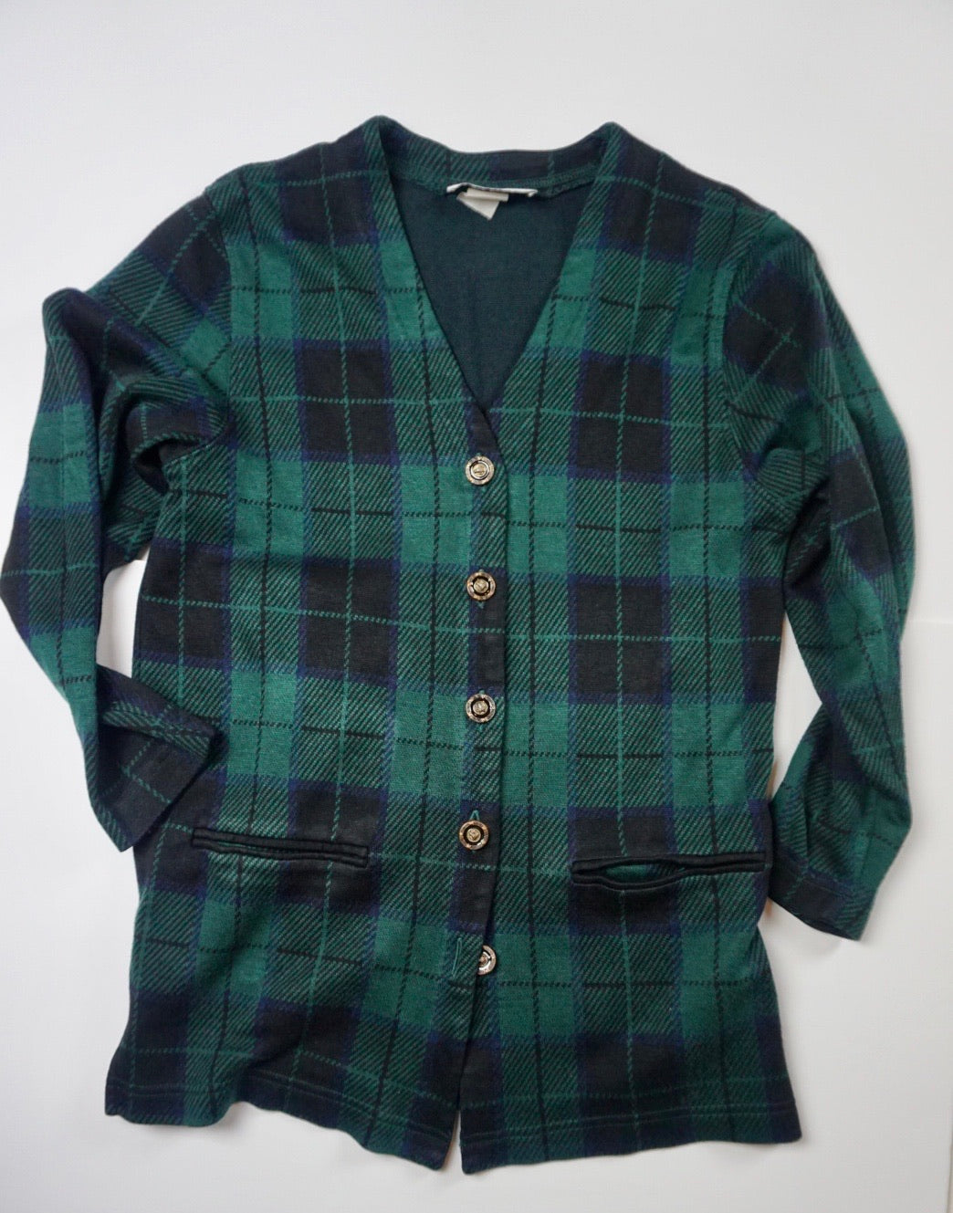 KNIT GREEN PLAID CARDIGAN
