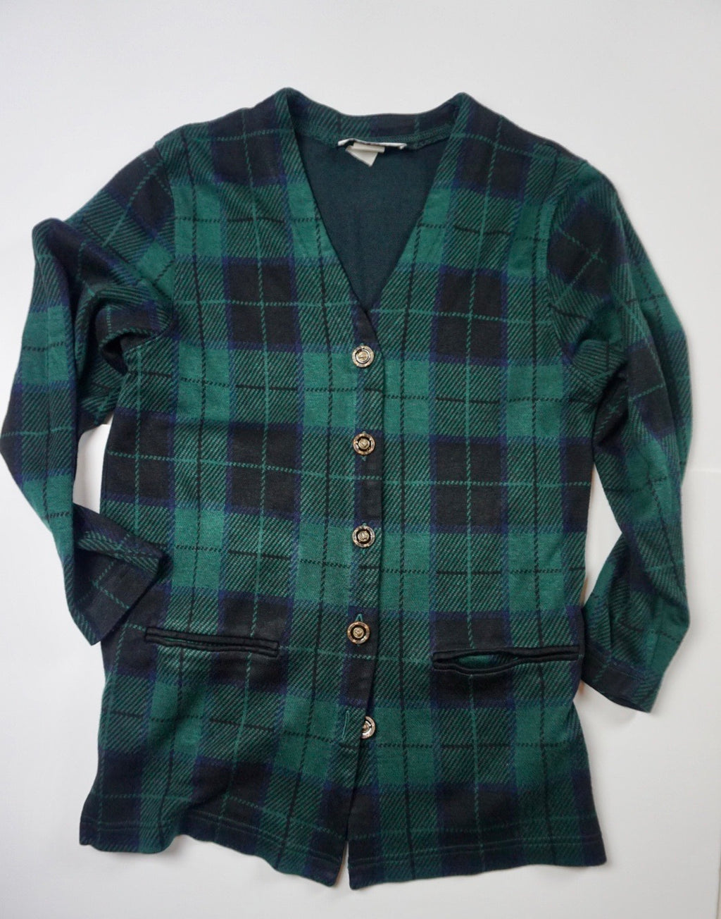 KNIT GREEN PLAID CARDIGAN
