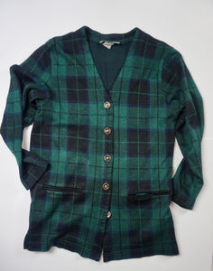 KNIT GREEN PLAID CARDIGAN