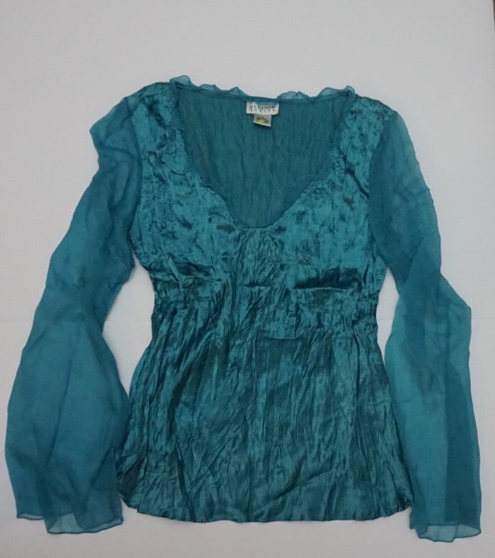 SILK TEAL BLOUSE WITH MESH SLEEVES
