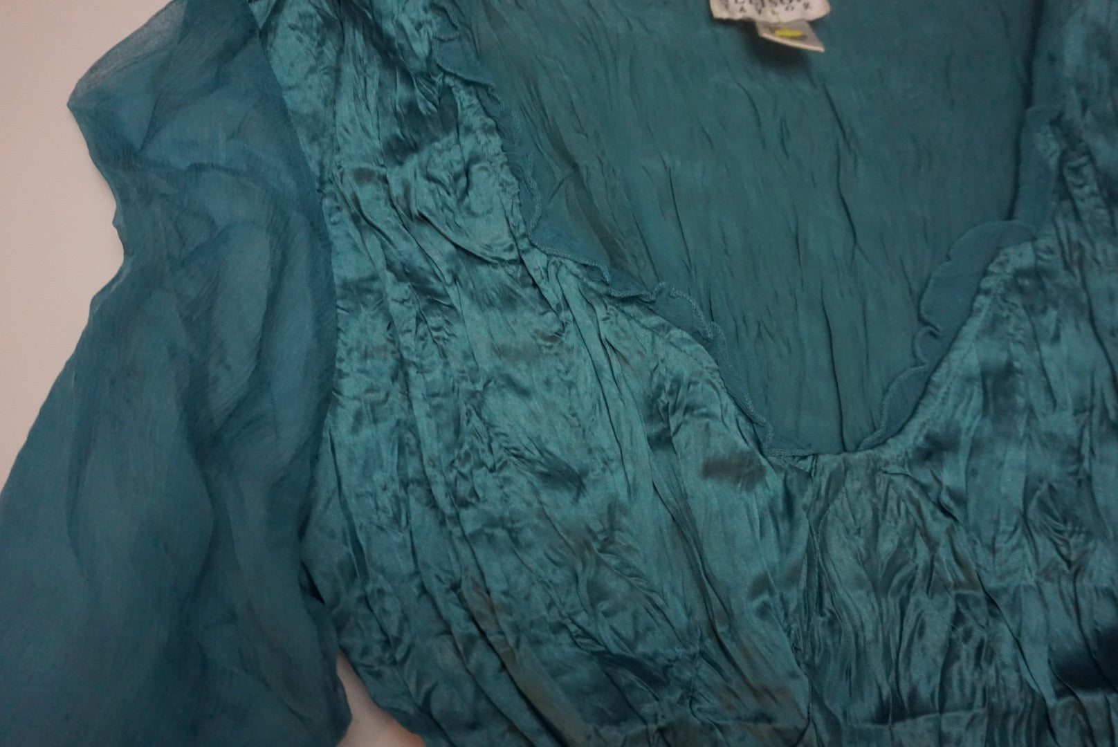 SILK TEAL BLOUSE WITH MESH SLEEVES